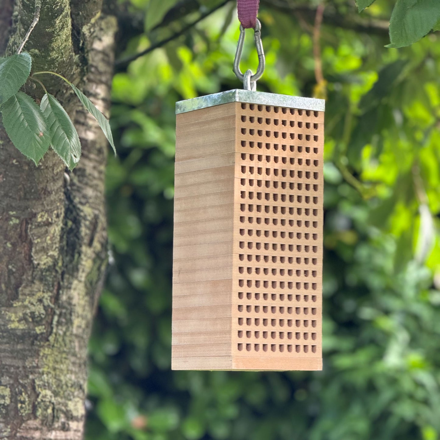 Bienenhotel Holz mit 200 Löchern mit Aufhängung und Zinkdach