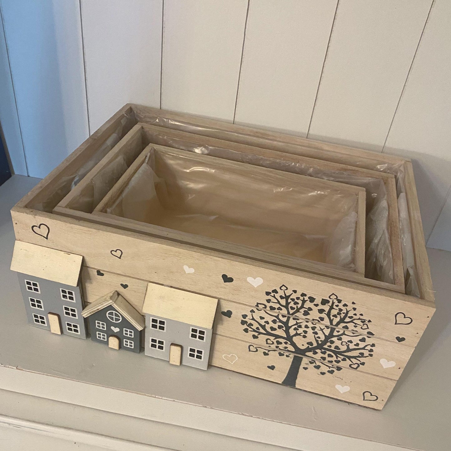 Holzkisten 3er Set White-Washed bepflanzbar