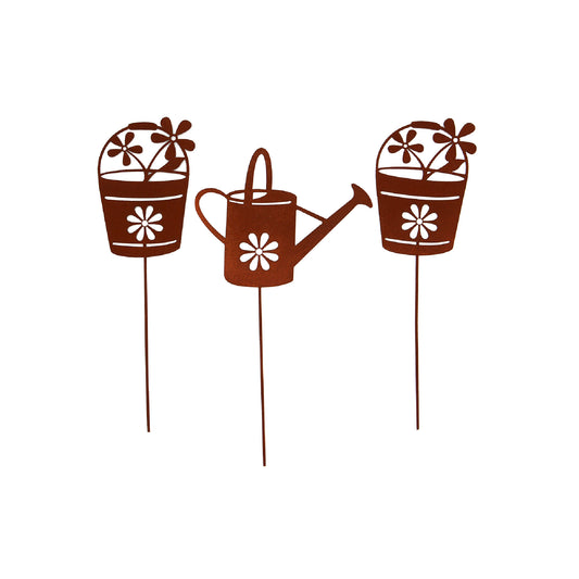 Gartenstecker Rost Gießkanne und Blumentöpfe 3er Set