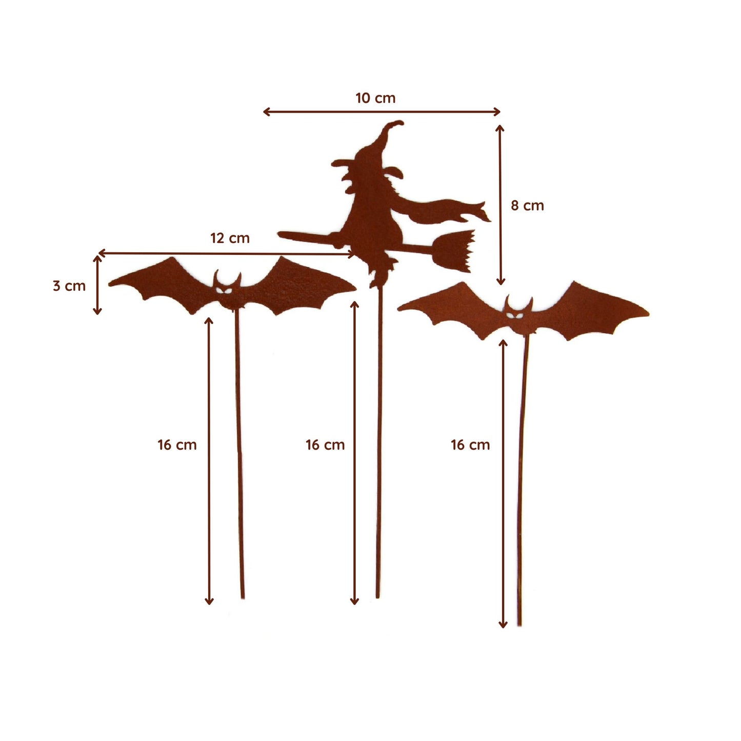 Gartenstecker Hexe auf Besen und zwei Fledermäuse 3er Set