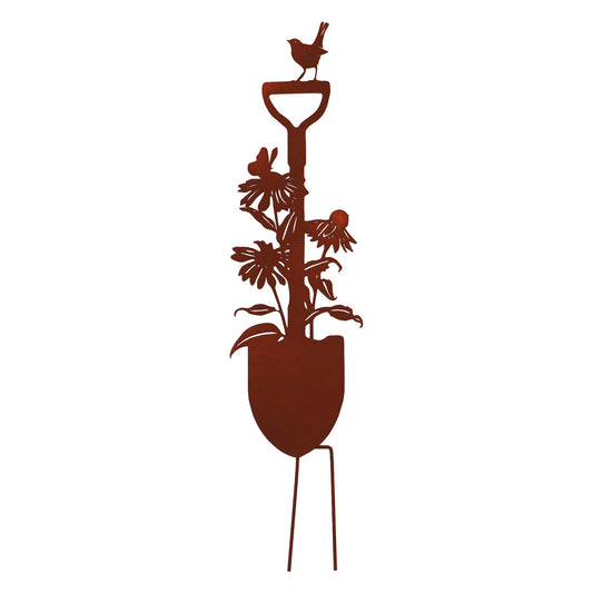 Gartenstecker Spaten mit Blumen und Vogel