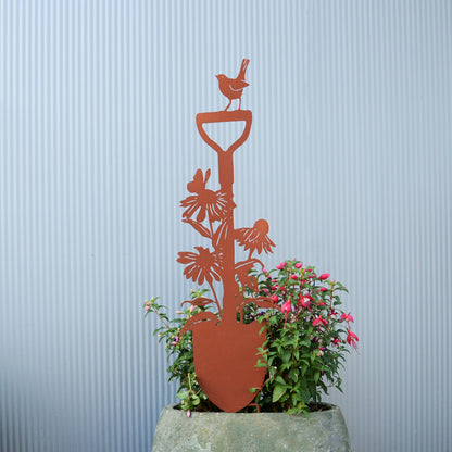Gartenstecker Spaten mit Blumen und Vogel
