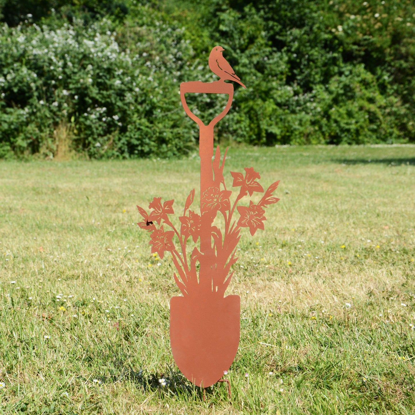 Gartenstecker Spaten mit Blumen und Vogel