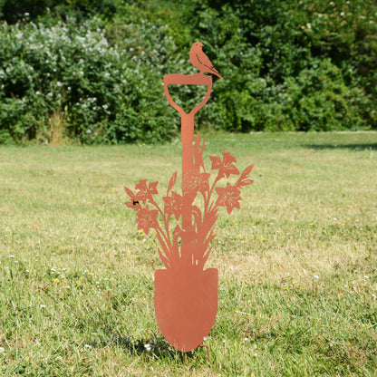 Gartenstecker Spaten mit Blumen und Vogel
