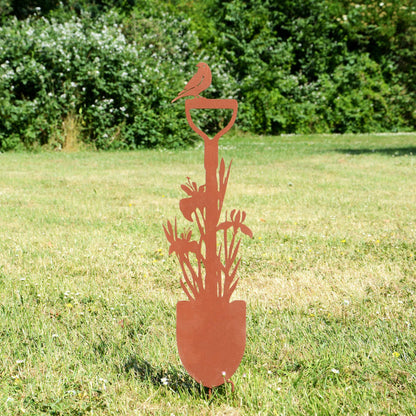 Gartenstecker Spaten mit Blumen und Vogel