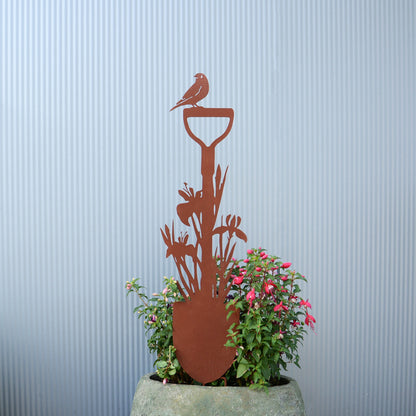 Gartenstecker Spaten mit Blumen und Vogel