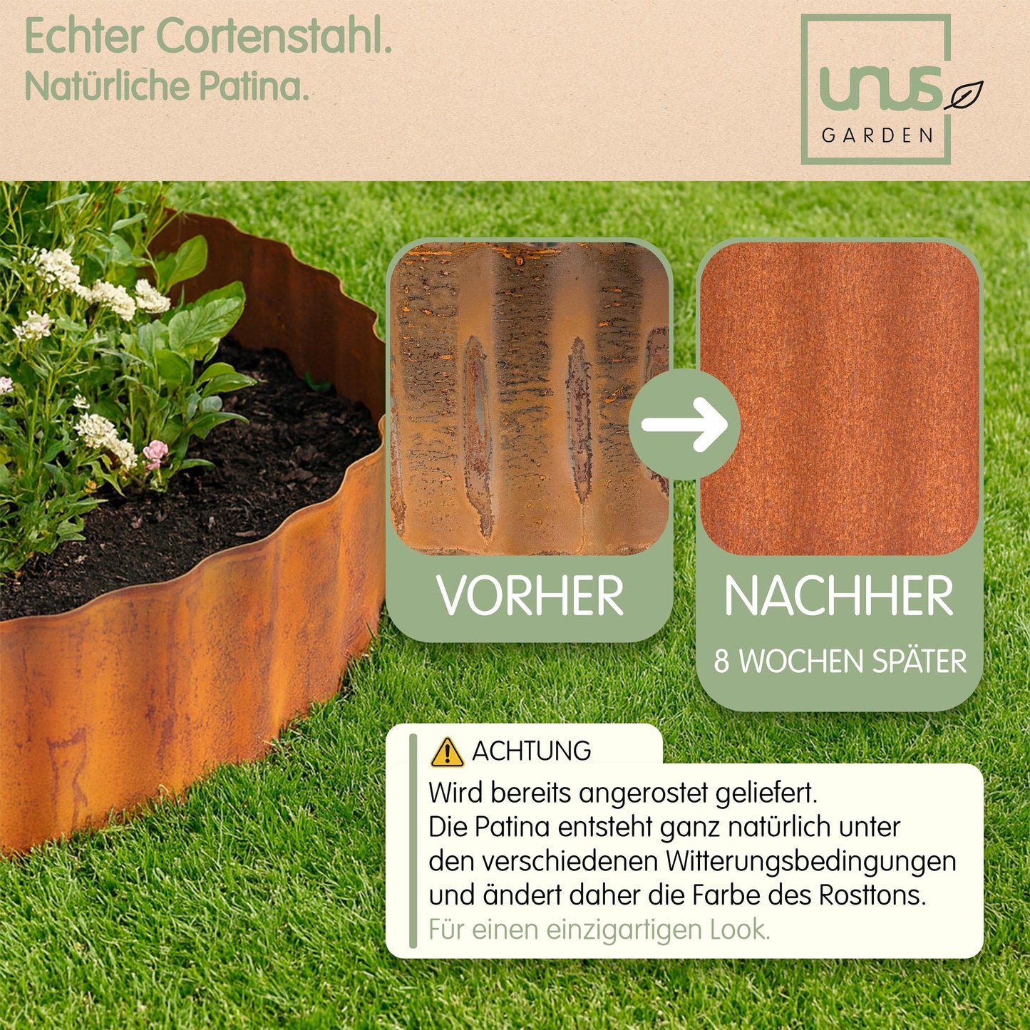 Rasenkante aus Cortenstahl mit Wellen