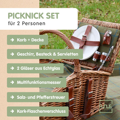 Picknickkorb mit Decke m Bügel u Inhalt für 2 Pers. natur