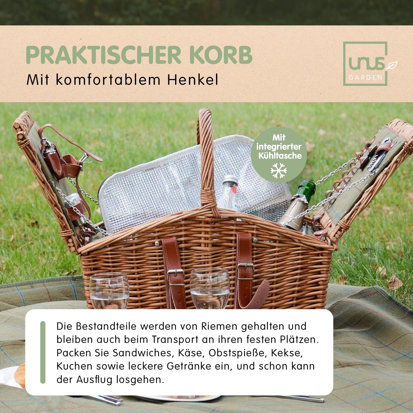 Picknickkorb mit Decke m Bügel u Inhalt für 2 Pers. natur