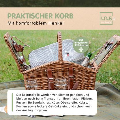 Picknickkorb mit Decke m Bügel u Inhalt für 2 Pers. natur