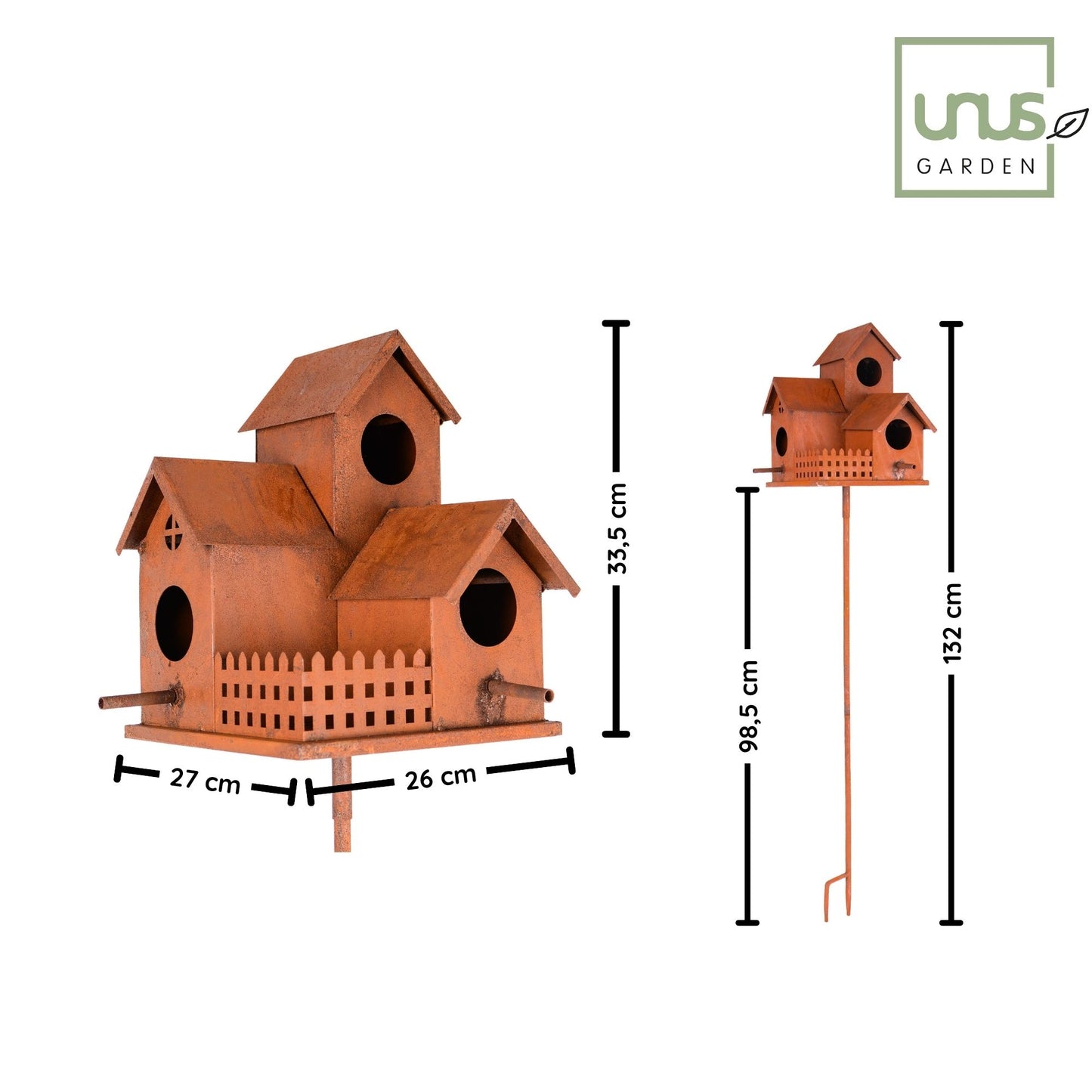 Vogelhaus mit Stab in rost
