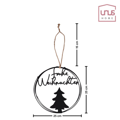 Aufhänger Metall rund frohe Weihnachten mit Tannenbaum schwarz