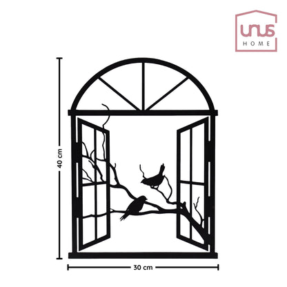 Wandbild Metall Fenster geöffnet mit Landschaft selbstklebend schwarz