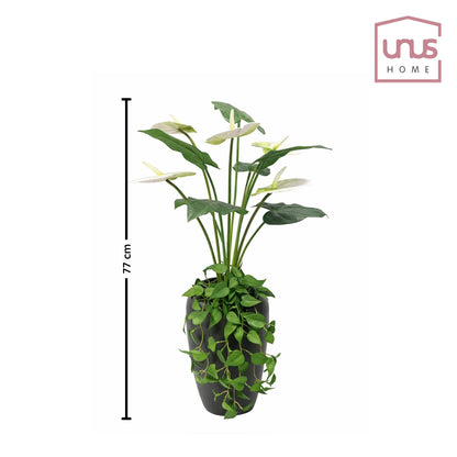 Kunstblume mit Vase Anthurium weiß mit Efeu hängend 77 cm