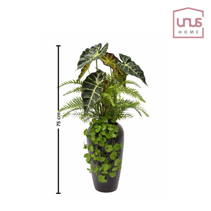 Kunstpflanze Alocasia mit Farn und hängendem Efeu in Vase 75 cm