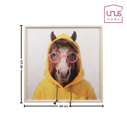 Wall Art 3D Hairfusion Pferd mit gelben Hoodie und Brille in pink 60x60