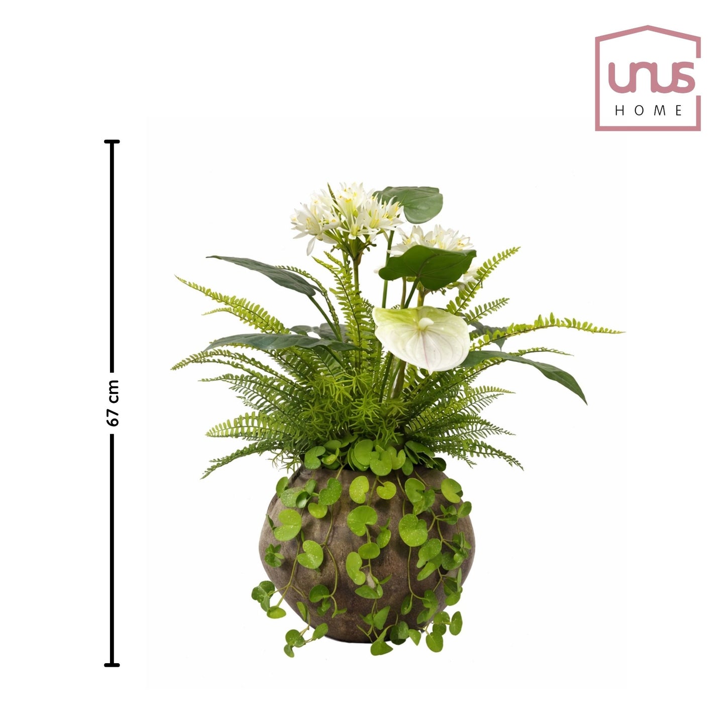 Kunstpflanze Weiß Grün mit Vase Efeu Farn künstliches Blumengesteck 67 cm