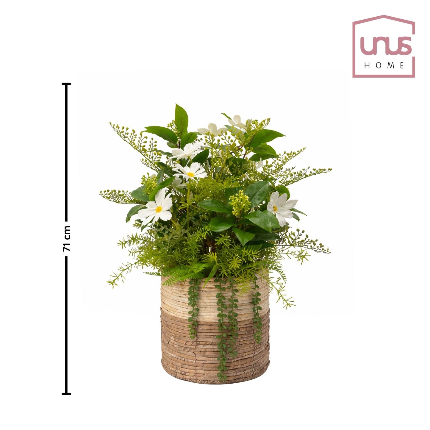 Kunstpflanze Margeriten Farn und Efeu Weiß Grün mit Korb 71 cm