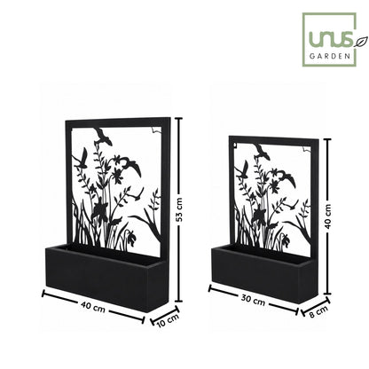 Blumenkasten mit Rankhilfe 2er Set Metall schwarz mit Blumen und Vögeln