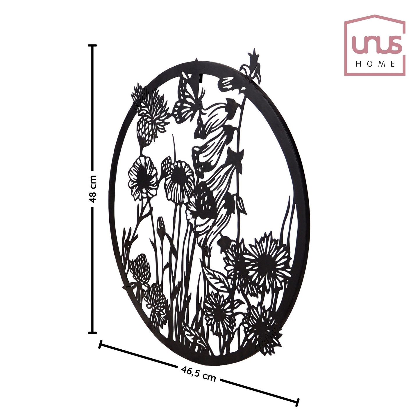 Aufhänger Blumen und Schmetterling aus Metall schwarz rund 48x46,5 cm