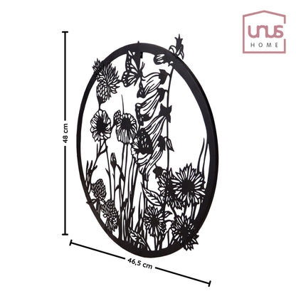 Aufhänger Blumen und Schmetterling aus Metall schwarz rund 48x46,5 cm