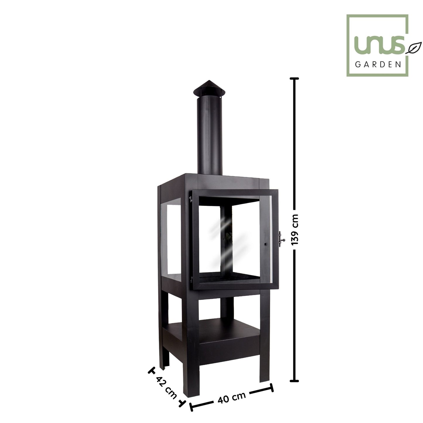 Gartenkamin Bronko aus Metall schwarz mit Glastür 139x40x42 cm