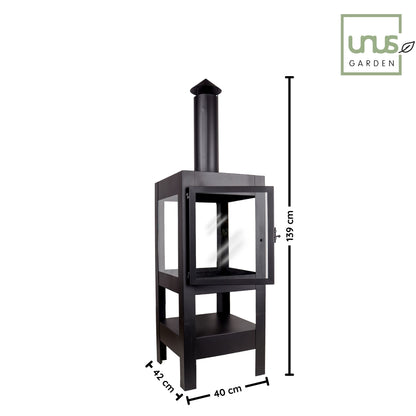 Gartenkamin Bronko aus Metall schwarz mit Glastür 139x40x42 cm