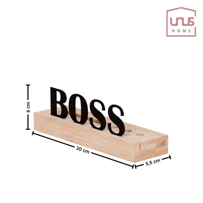 Organizer aus Holz mit Kartenhalter und 3x Stiftlöchern mit Text "Boss"