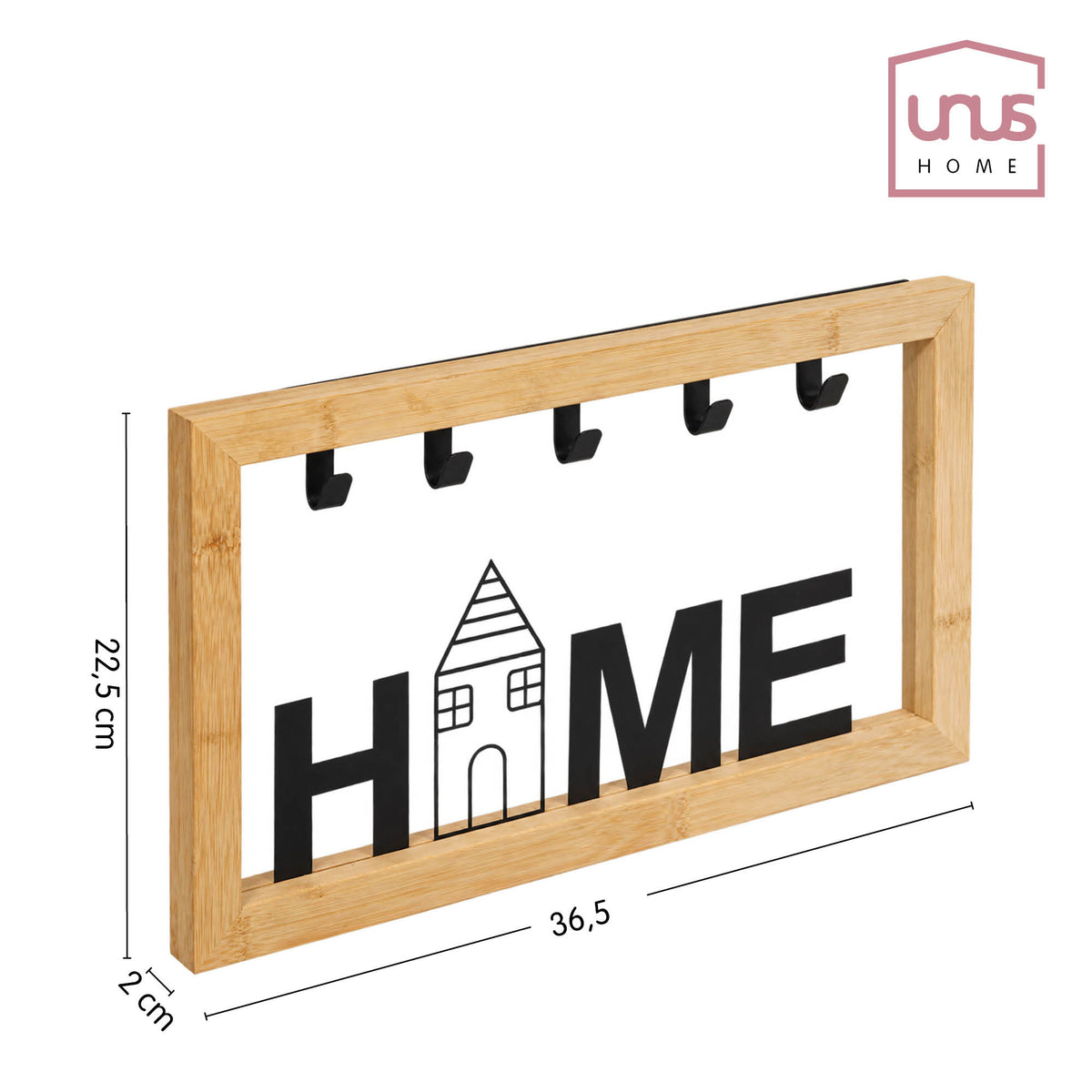 Schlüsselbrett Kira aus Bambus mit Text "Home" 5 Haken