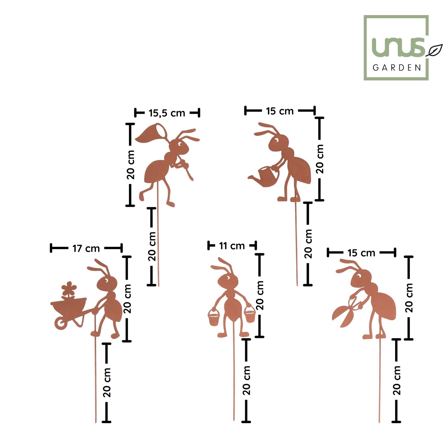 Gartenstecker Rost Ameisen Gärtner und Arbeiter 5er Set in verschiedenen Größen