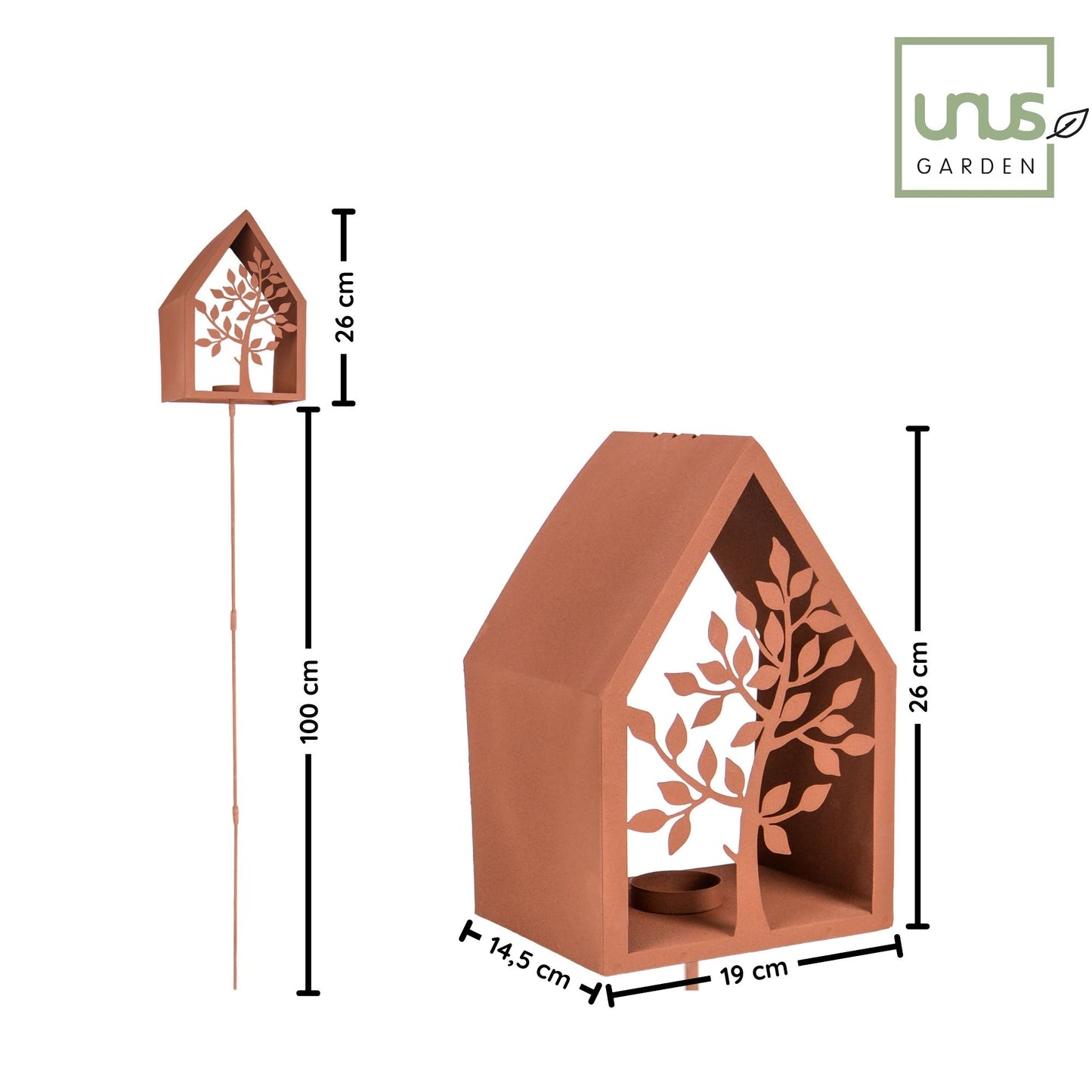 UNUS Lichthaus Garten mit Stab Rost verschiedene Motive