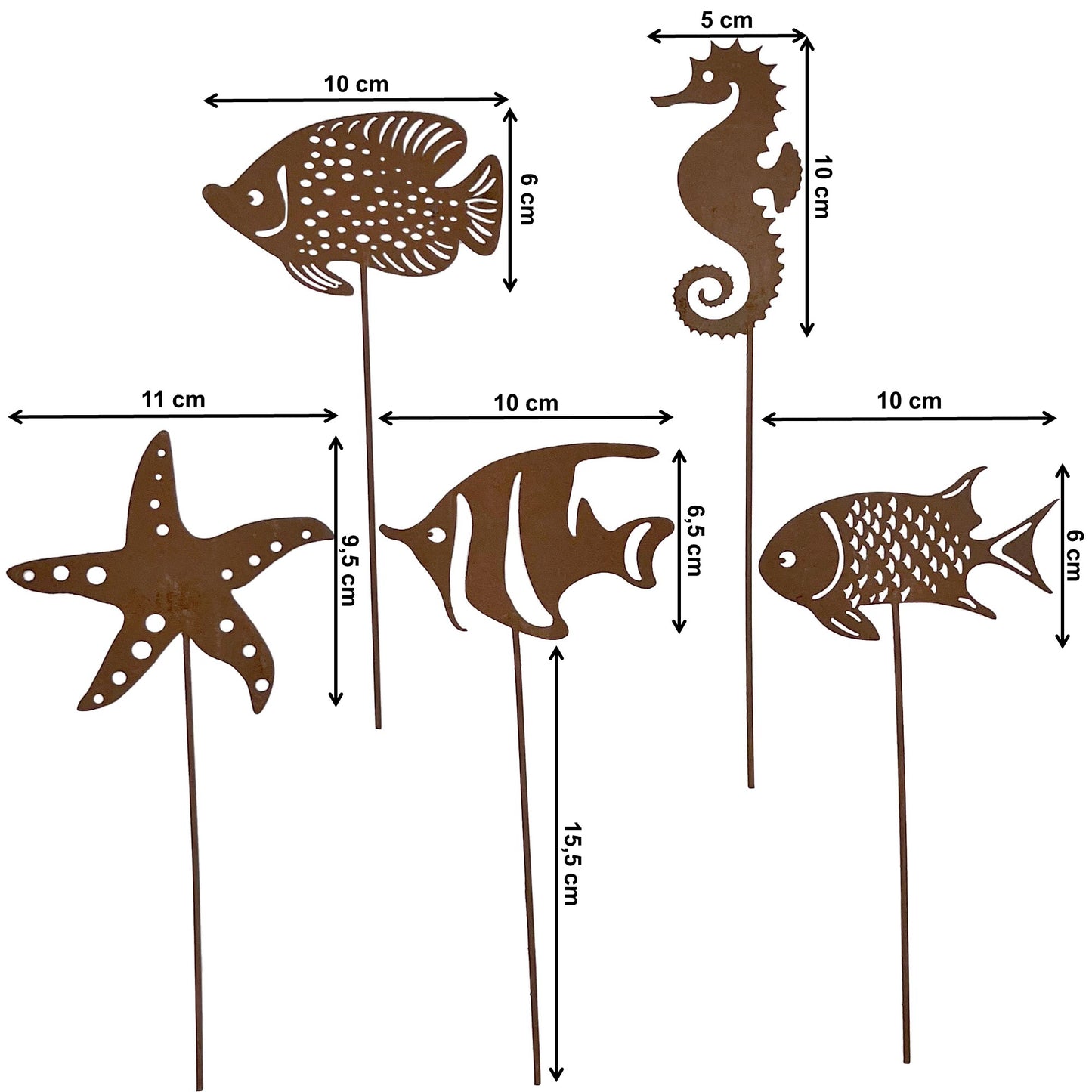 Gartenstecker Rost Fische Seestern und Seepferdchen 5er Set