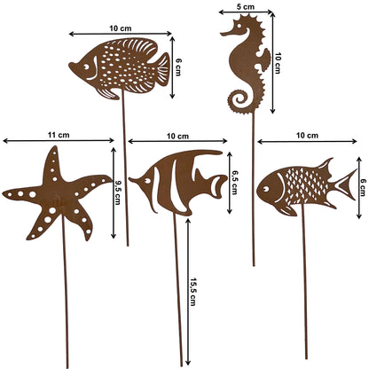 Gartenstecker Rost Fische Seestern und Seepferdchen 5er Set