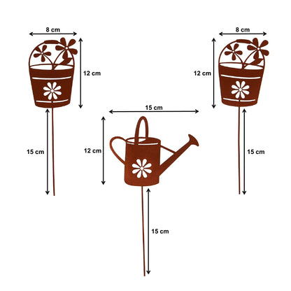 Gartenstecker Rost Gießkanne und Blumentöpfe 3er Set