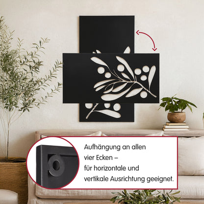 Metallbild Olivenzweig mit Haken in schwarz