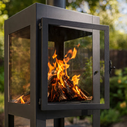 Gartenkamin Bronko aus Metall schwarz mit Glastür 139x40x42 cm