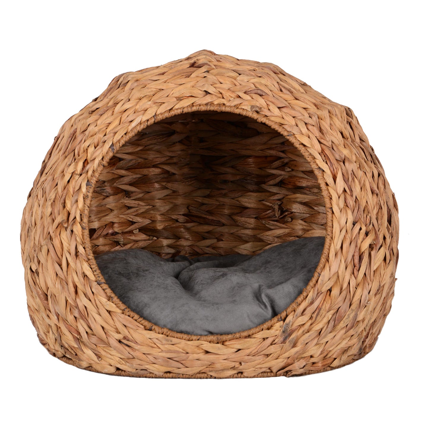 Haustierkorb rund/kugelform mit Öffnung natur mit Kissen grau