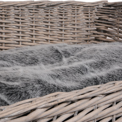 Haustierkorb grau/weiß washed eckig mit grauem Kissen klein/groß