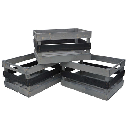 3er Set Holzkiste rechteckig 3 Latten seitl. Eingriff-Hilfen grau/schwarz