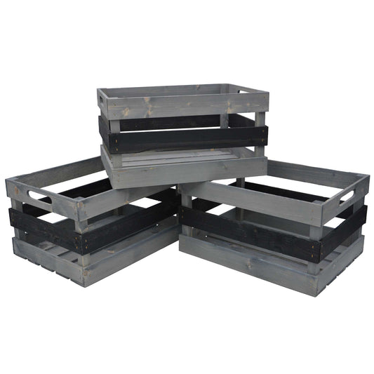 3er Set Holzkiste rechteckig 3 Latten seitl. Eingriff-Hilfen grau/schwarz
