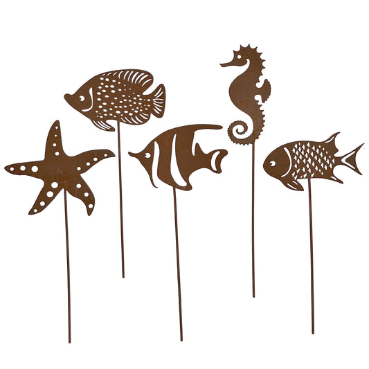 Gartenstecker Rost Fische Seestern und Seepferdchen 5er Set