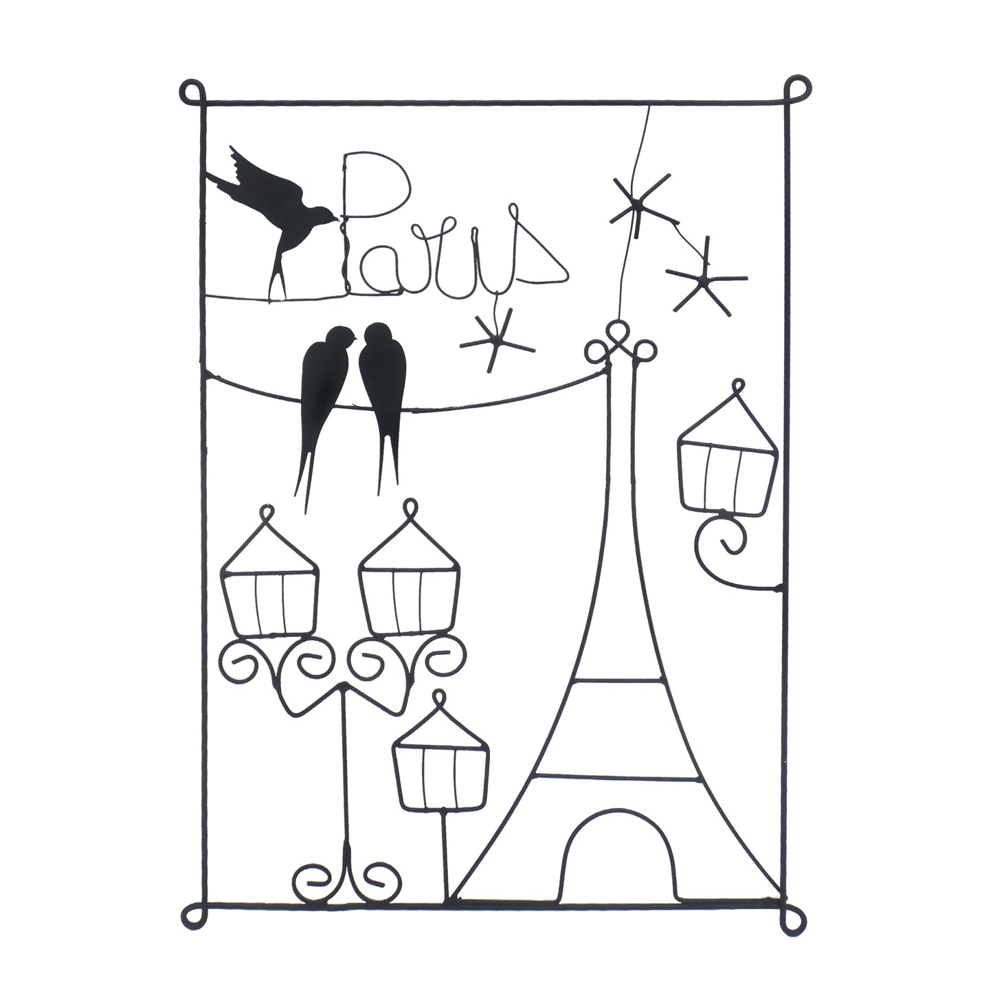 Metallkunst Eifelturm mit Paris Schriftzug und Vögeln in schwarz