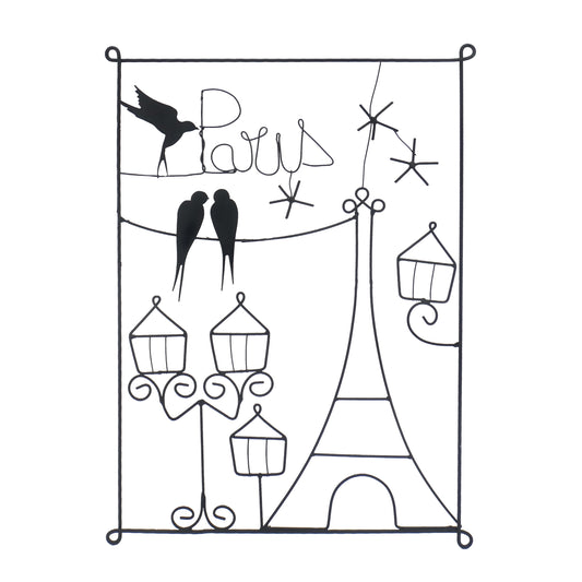 Metallkunst Eifelturm mit Paris Schriftzug und Vögeln in schwarz