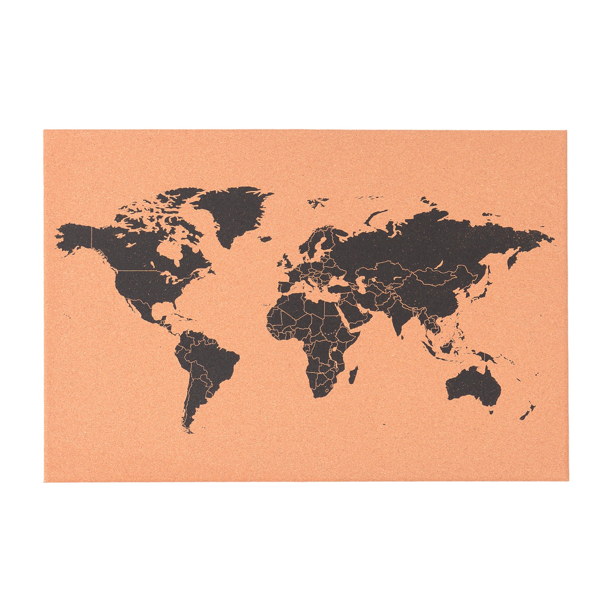 Das Bild zeigt ein rechteckiges Wandbild aus Kork mit einer schwarzen Weltkarte im minimalistischen Stil. Ideal als Pinnwand oder dekorativer Reiseplaner für Zuhause oder Büro.