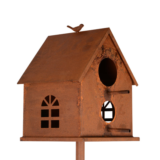 Vogelhaus mit Stab in rost