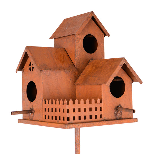Vogelhaus mit Stab in rost