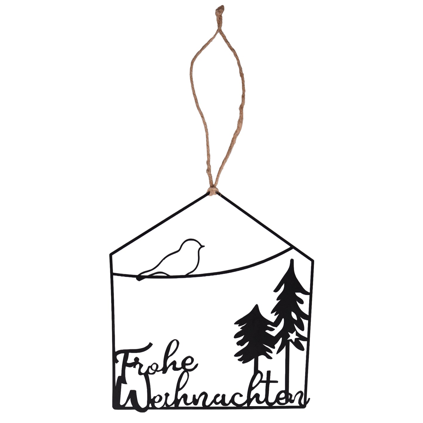 Aufhänger Metall Hausform Frohe Weihnachten und Landschaft schwarz