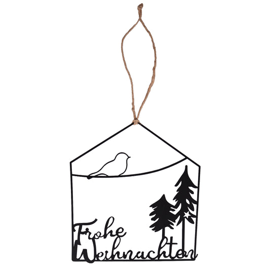 Aufhänger Metall Hausform Frohe Weihnachten und Landschaft schwarz