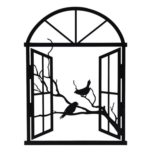 Wandbild Metall Fenster geöffnet mit Landschaft selbstklebend schwarz