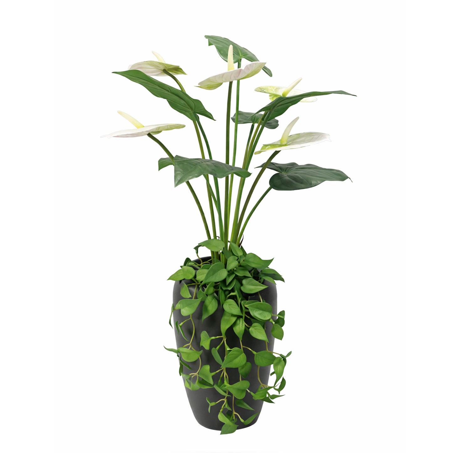 Kunstblume mit Vase Anthurium weiß mit Efeu hängend 77 cm